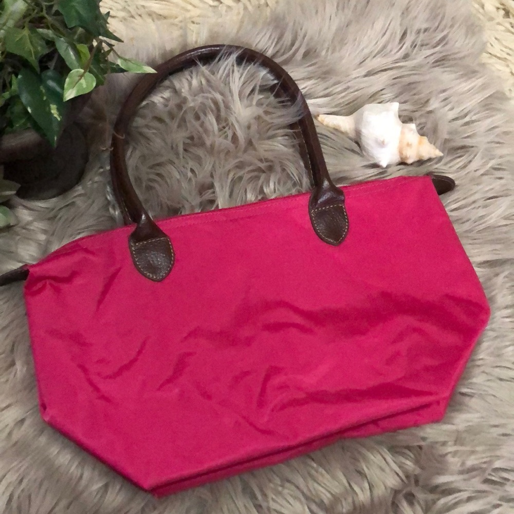Nylon Tote-Hot Pink-14x7x6.5 Wide-Zip Top Closure-Foldable-EUC